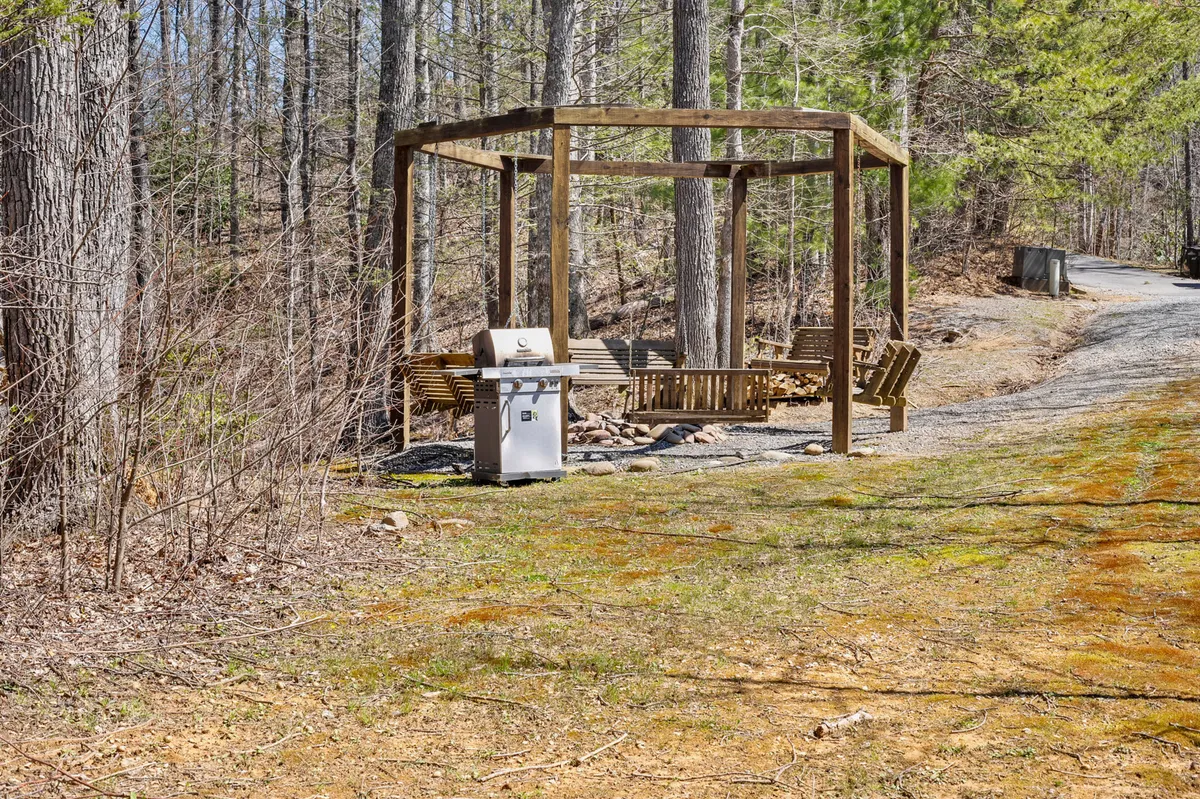 This exterior image features a fire pit surrounded by swing seating, a grill, and lush trees, evoking an atmosphere perfect for evening gatherings and outdoor fun. The spacious setup suggests ample room for group activities and relaxation under the stars.