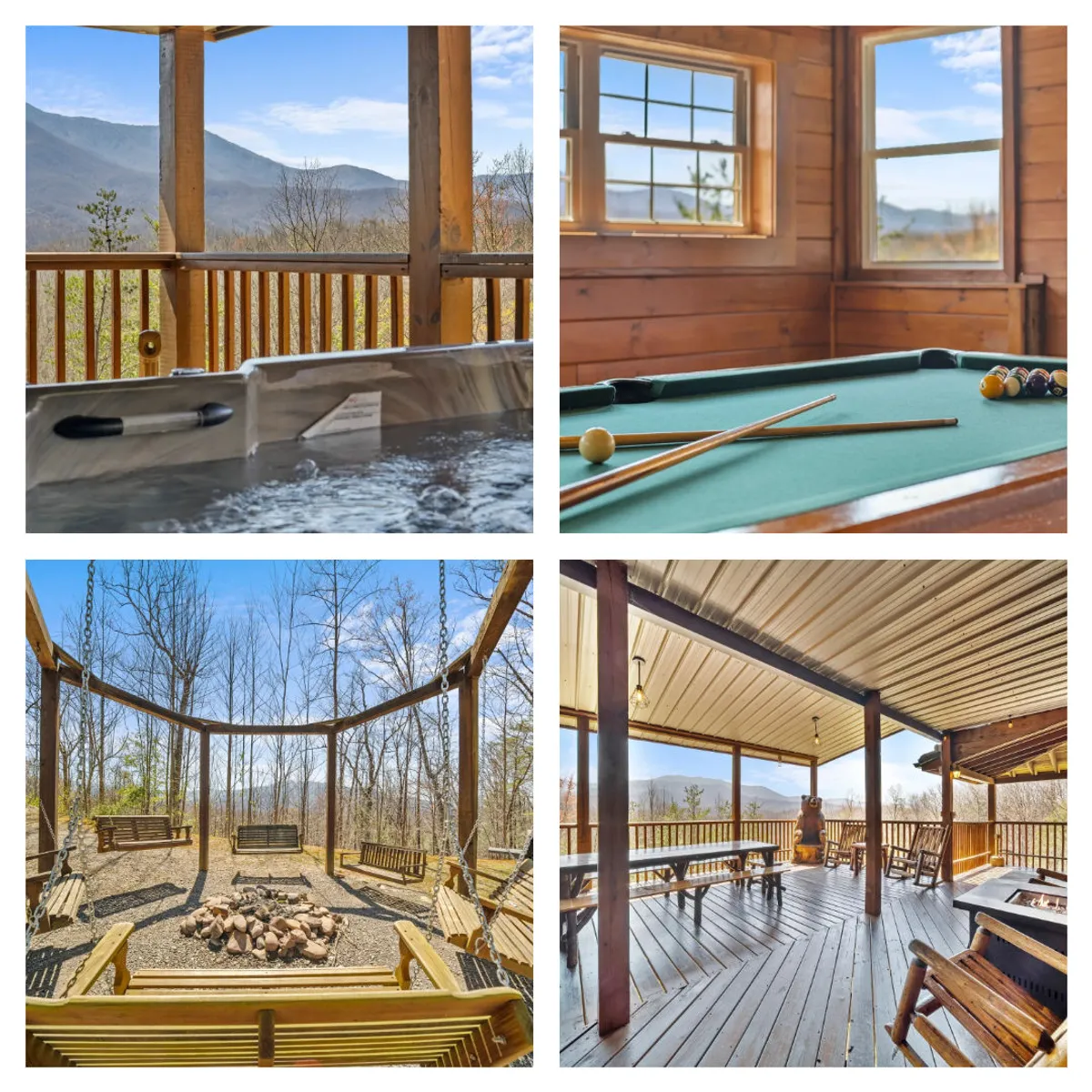The hero image features the cabin's expansive deck with a bubbling hot tub overlooking panoramic Smoky Mountain views at sunset, a pool table set up for friendly games, a cozy fire pit inviting guests to gather, and comfortable swing seating for relaxation. The scene embodies a welcoming, social atmosphere with hints of luxury and tranquil seclusion.